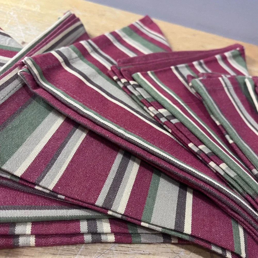 Park Designs Striped Cotton Napkins Set of 6 Burgundy Green Tan 18x18